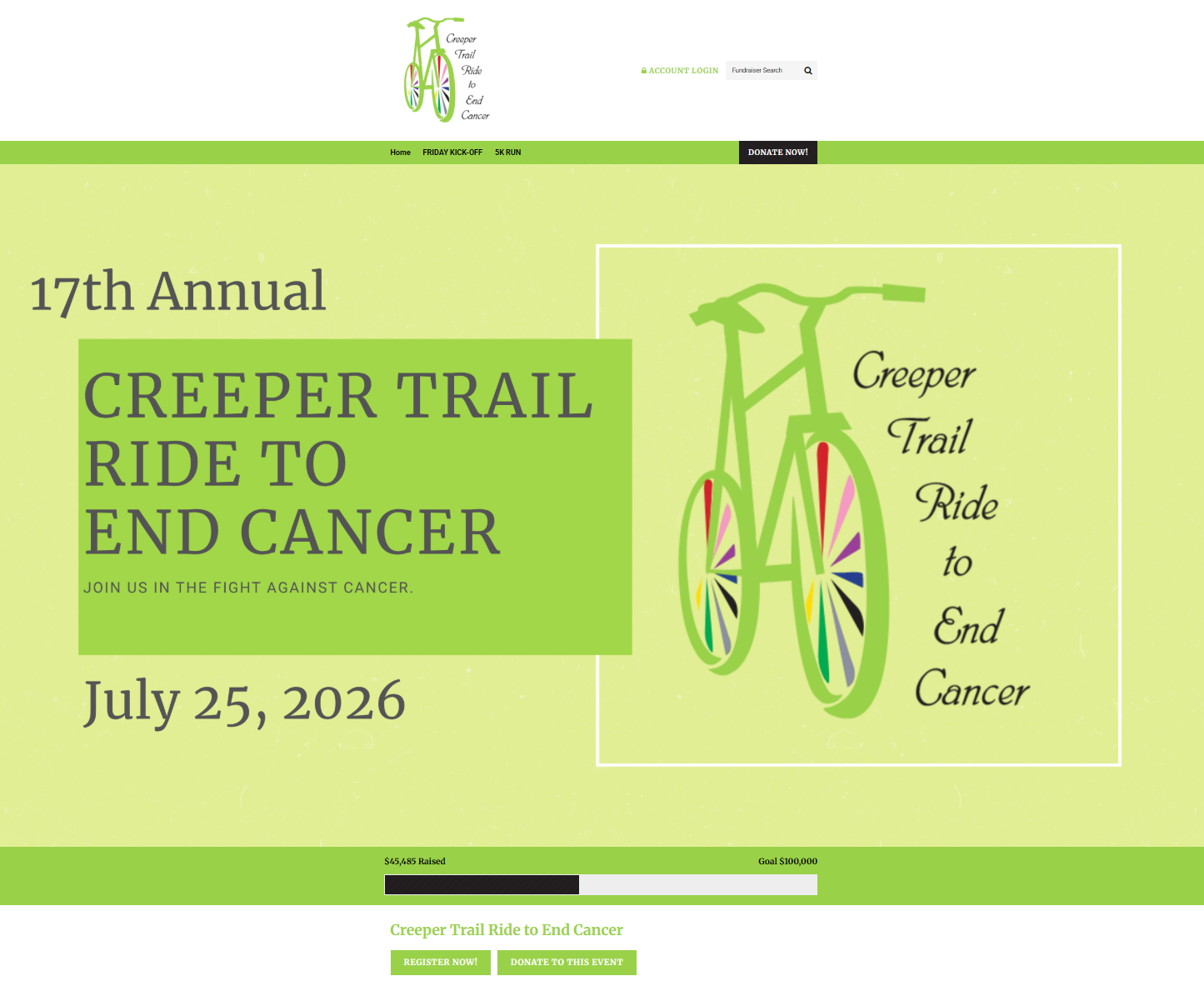 Screenshot of Creeper Trail Ride To End Cancer website