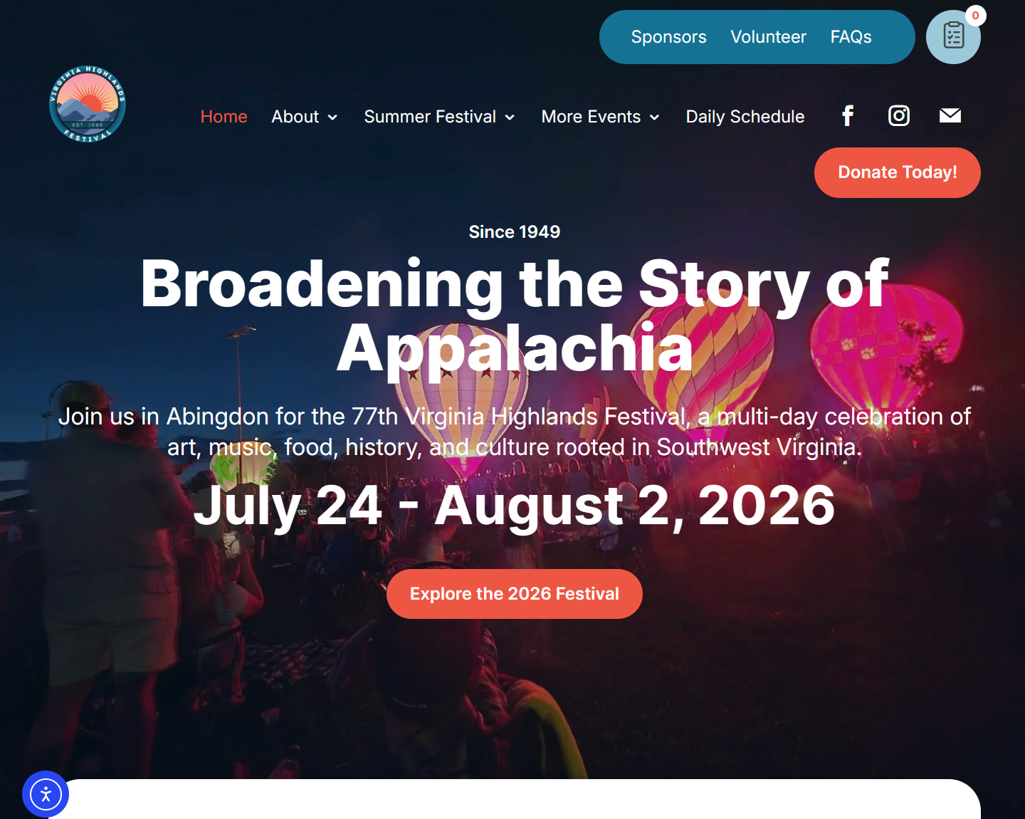 Screenshot of Virginia Highlands Festival Website